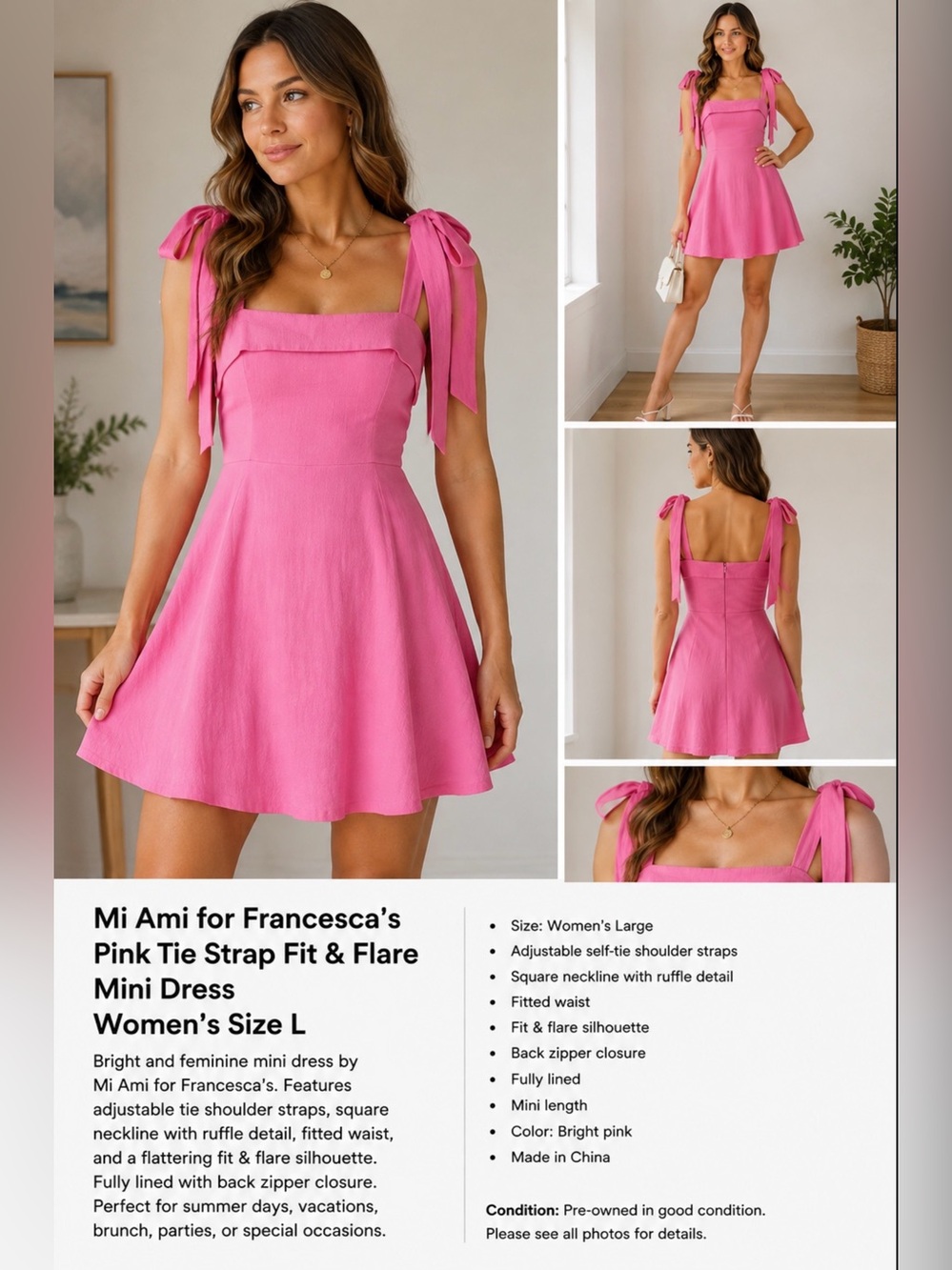 Mi Ami for Francesca’s Pink Tie Strap Fit & Flare Mini Dress Women’s Size L